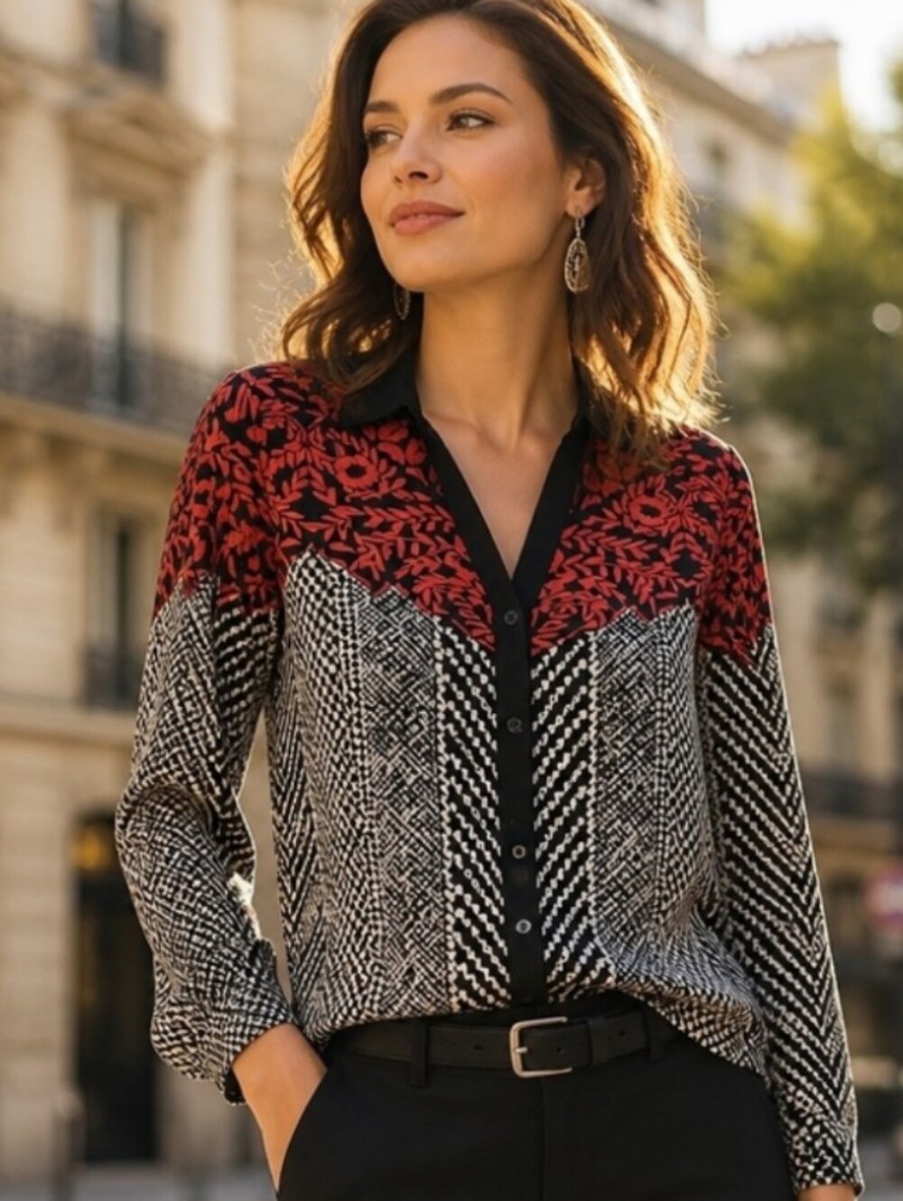 Soft Surroundings Red and Black Patterned Button-Front Blouse